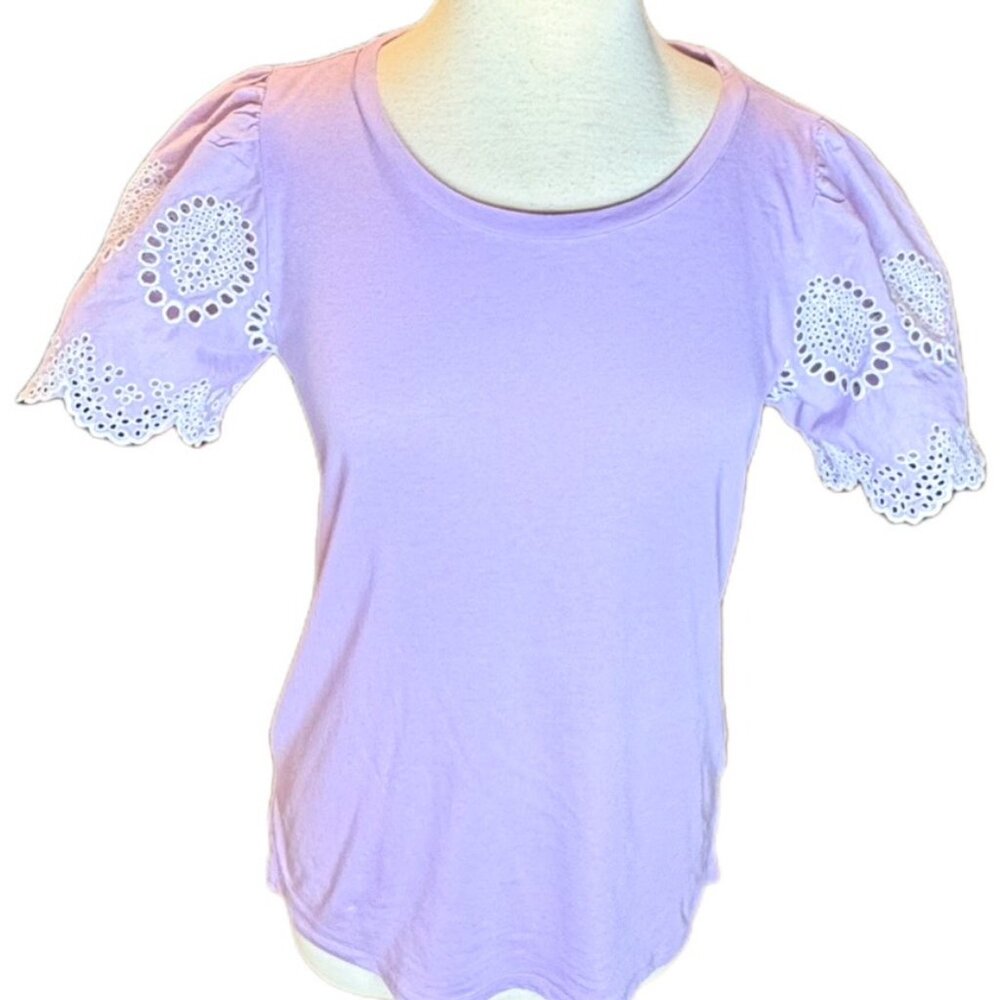 Talbots Lace Top Purple Short Sleeve Blouse Embroidered Knit Lace Small